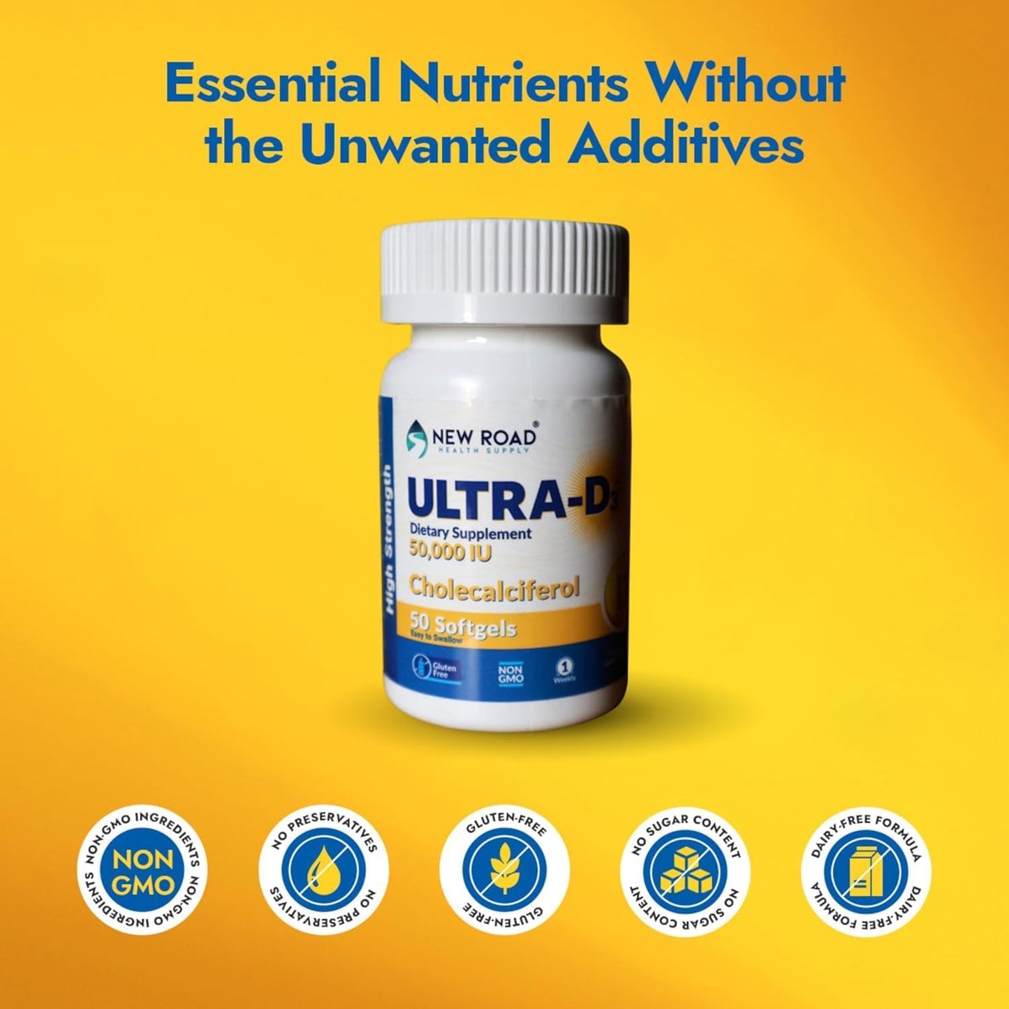 New Road Health Supply Ultra-D3 Softgel Supplement - 50000 IU Vitamin D, Weekly Dose for Bone and Immune Support, Gluten Free - 50 Count - BoostGo Australia