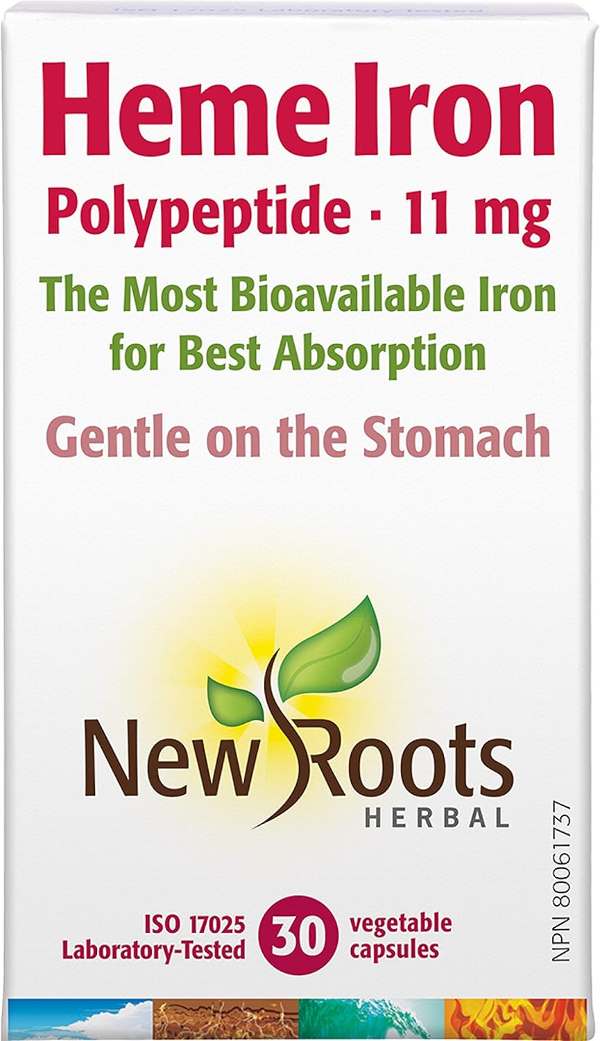 New Roots Herbal Heme Iron Supplement - 30 Capsules for Improved Iron Absorption and Overall Health