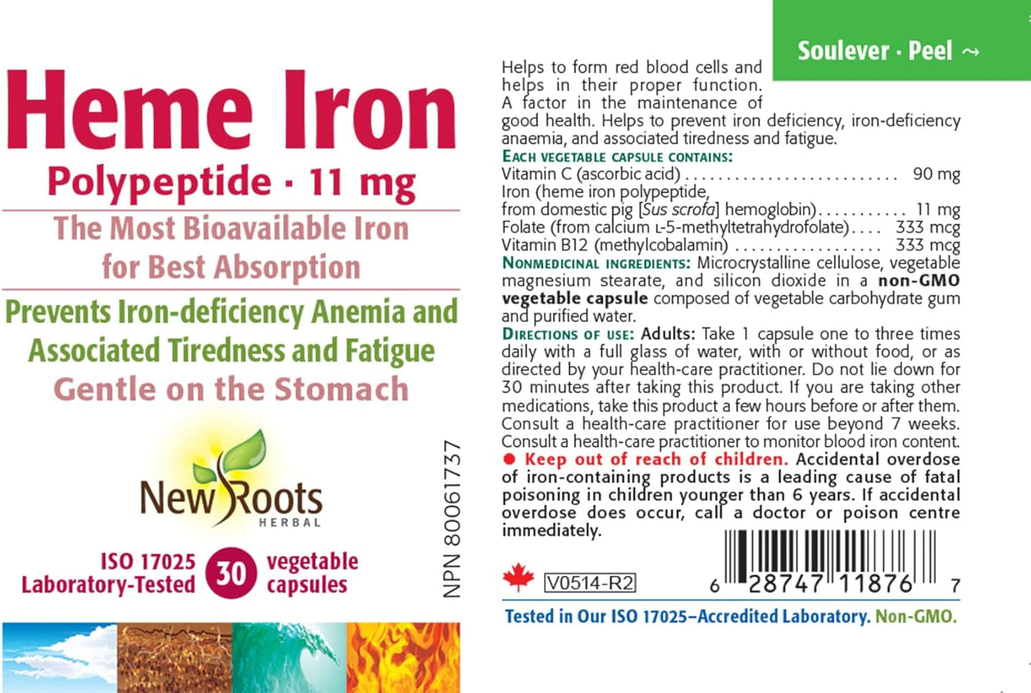 New Roots Herbal Heme Iron Supplement - 30 Capsules for Improved Iron Absorption and Overall Health