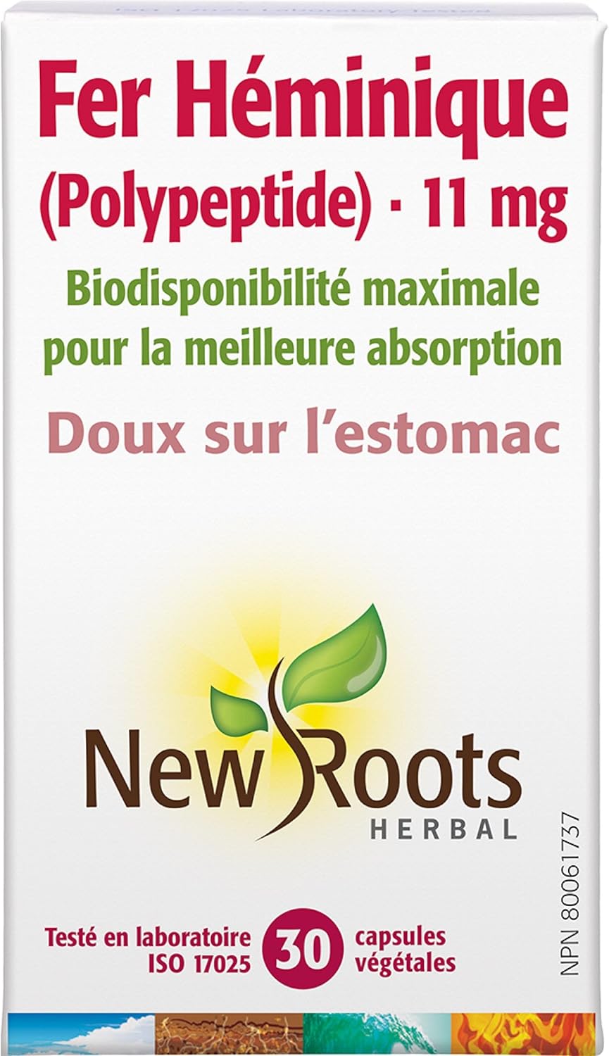 New Roots Herbal Heme Iron Supplement - 30 Capsules for Improved Iron Absorption and Overall Health