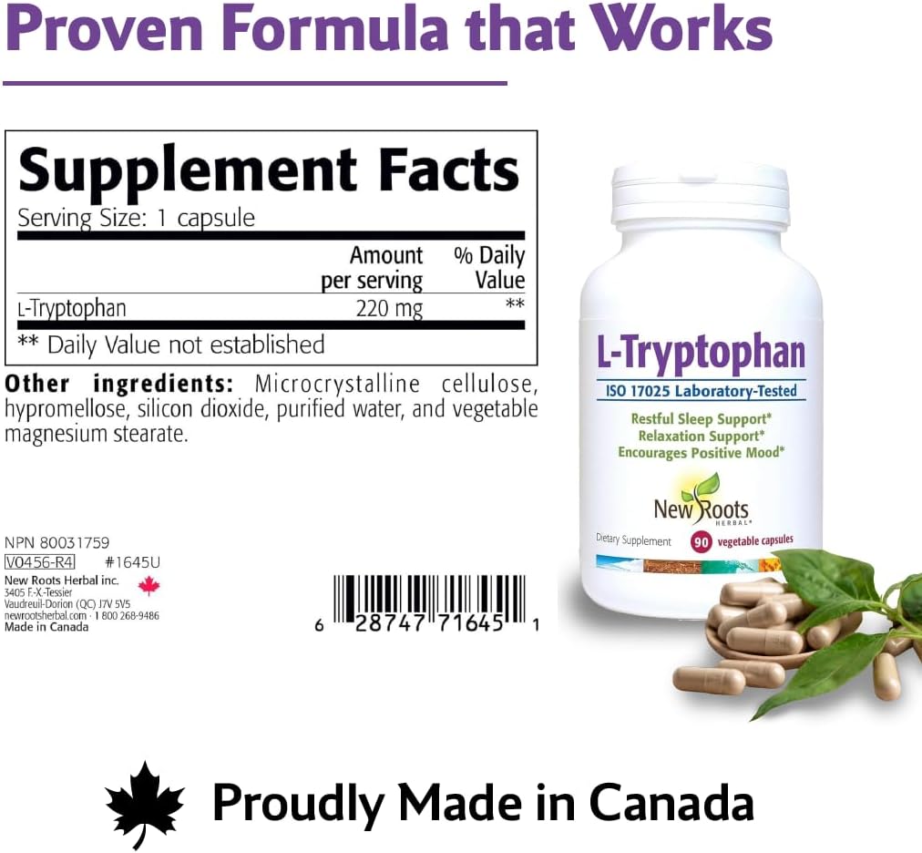 New Roots Herbal L-Tryptophan Supplement - 90 Capsules, 220mg, Herbal Sleep Aid, Mood & Stress Support - Gluten-Free, Non-GMO, Vegetarian