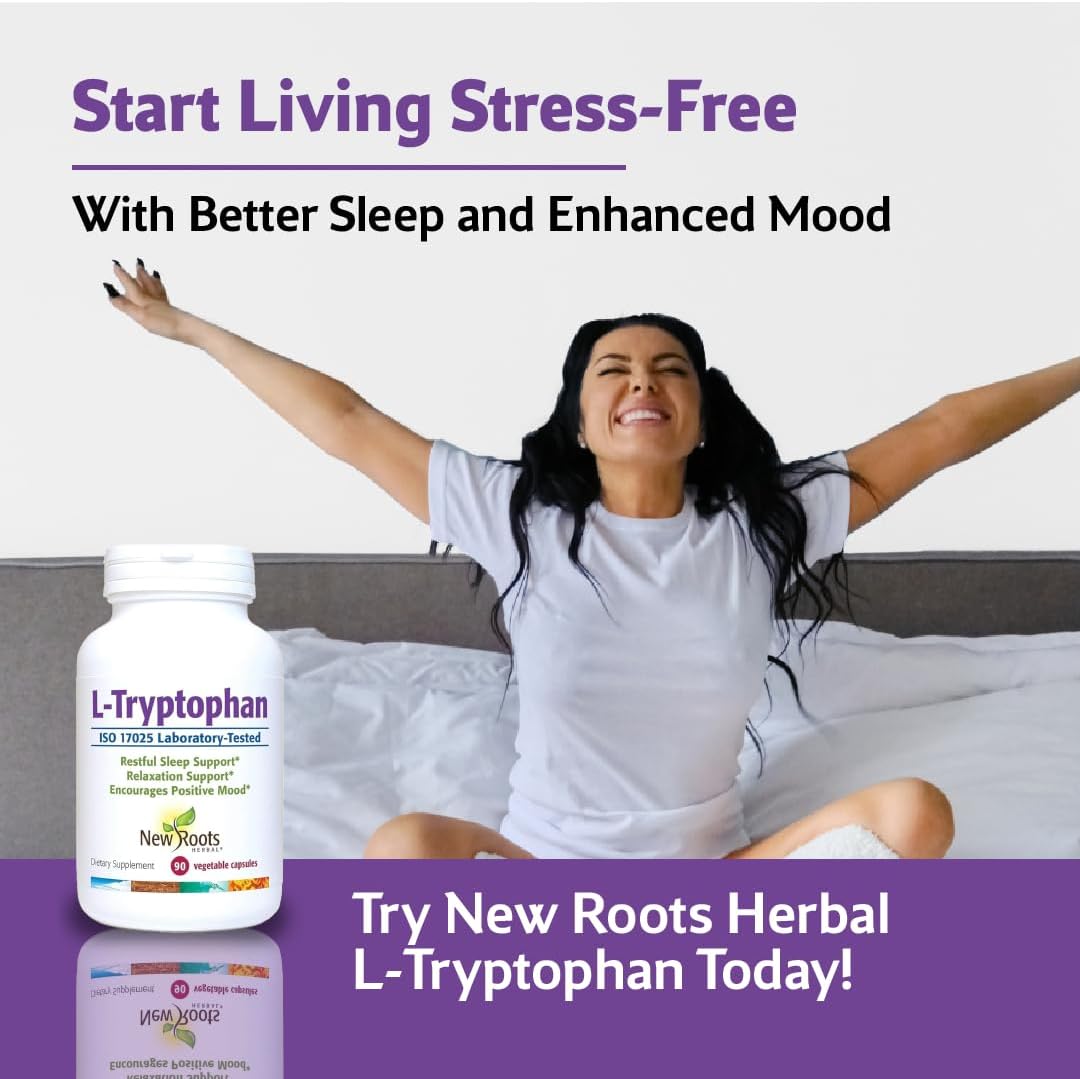 New Roots Herbal L-Tryptophan Supplement - 90 Capsules, 220mg, Herbal Sleep Aid, Mood & Stress Support - Gluten-Free, Non-GMO, Vegetarian