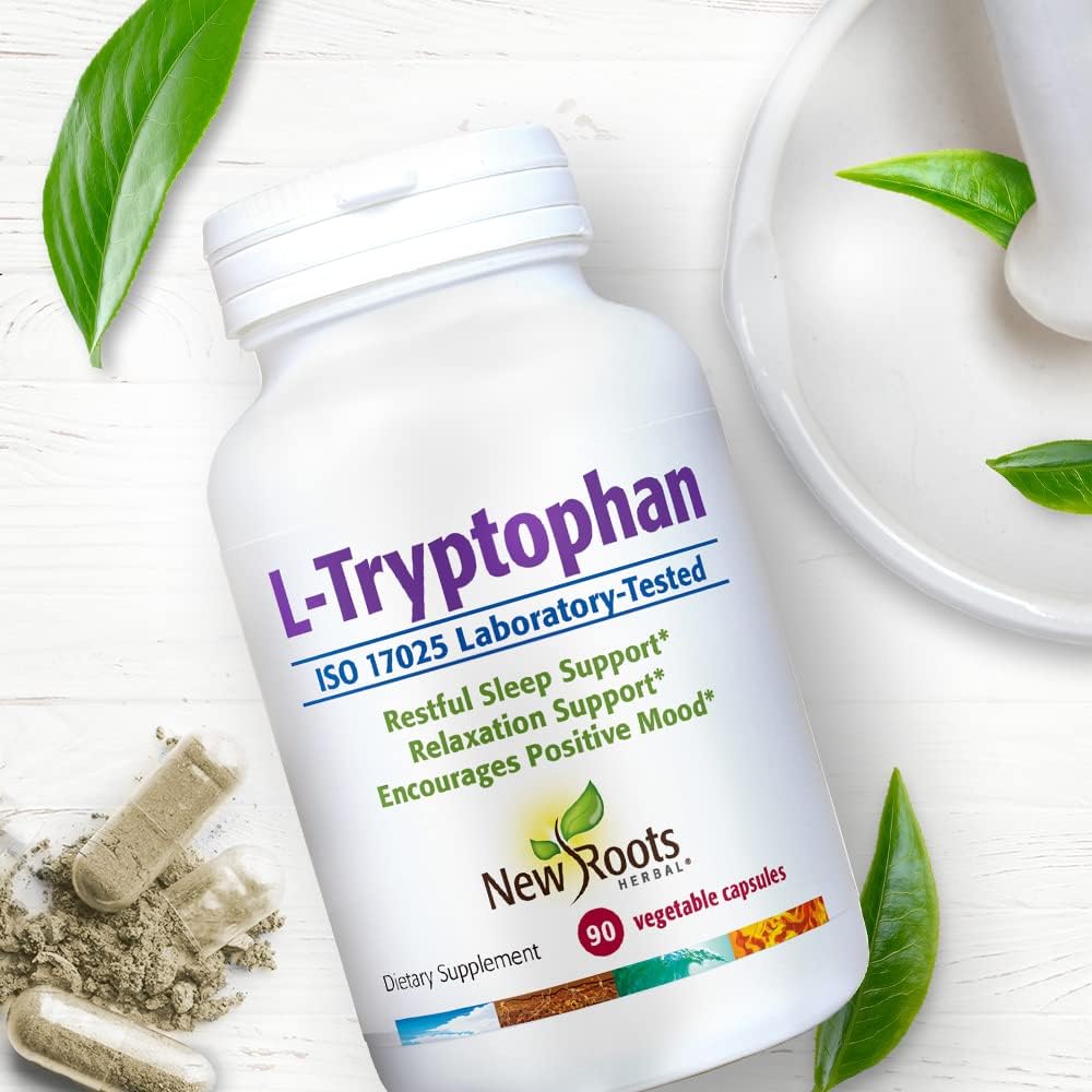 New Roots Herbal L-Tryptophan Supplement - 90 Capsules, 220mg, Herbal Sleep Aid, Mood & Stress Support - Gluten-Free, Non-GMO, Vegetarian