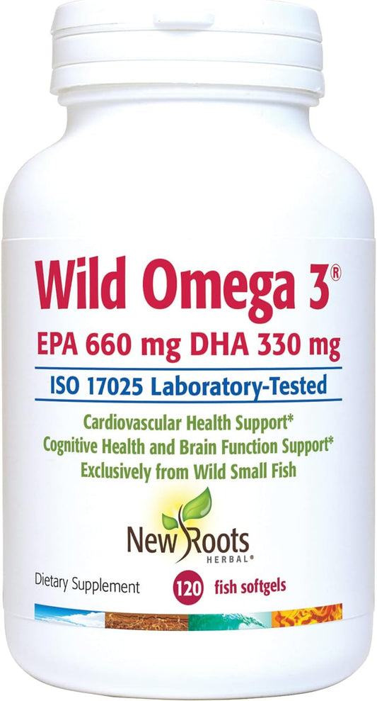 New Roots Herbal Wild Omega-3 Fish Oil Supplement - 900mg EPA, 600mg DHA, High Concentration, Vitamin E - 120 Softgels