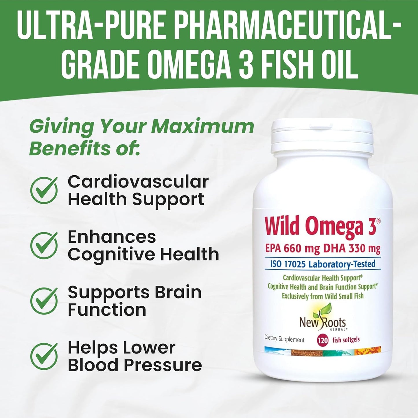 New Roots Herbal Wild Omega-3 Fish Oil Supplement - 900mg EPA, 600mg DHA, High Concentration, Vitamin E - 120 Softgels