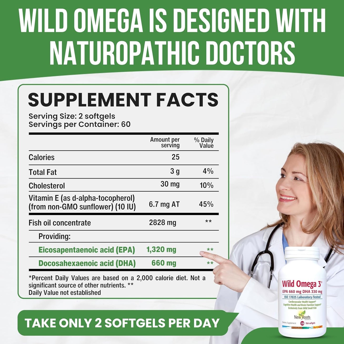 New Roots Herbal Wild Omega-3 Fish Oil Supplement - 900mg EPA, 600mg DHA, High Concentration, Vitamin E - 120 Softgels