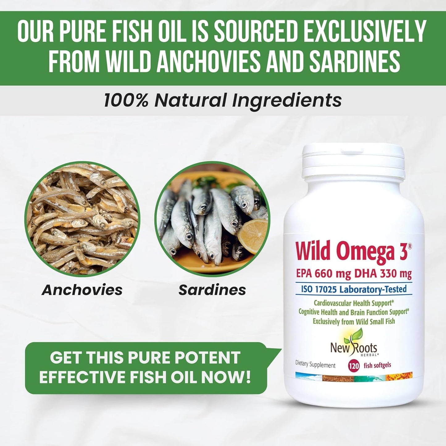 New Roots Herbal Wild Omega-3 Fish Oil Supplement - 900mg EPA, 600mg DHA, High Concentration, Vitamin E - 120 Softgels