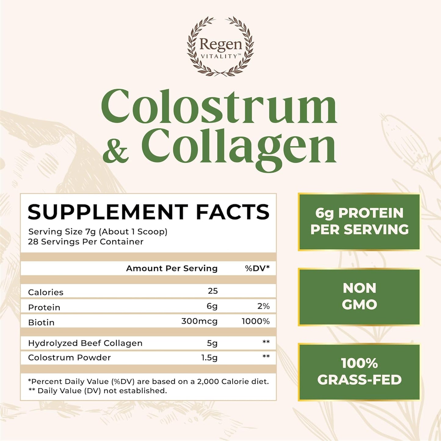 New Zealand Bovine Colostrum & Collagen Powder for Gut, Hair, Skin, Joints - Vanilla Bean (28 Servings)
