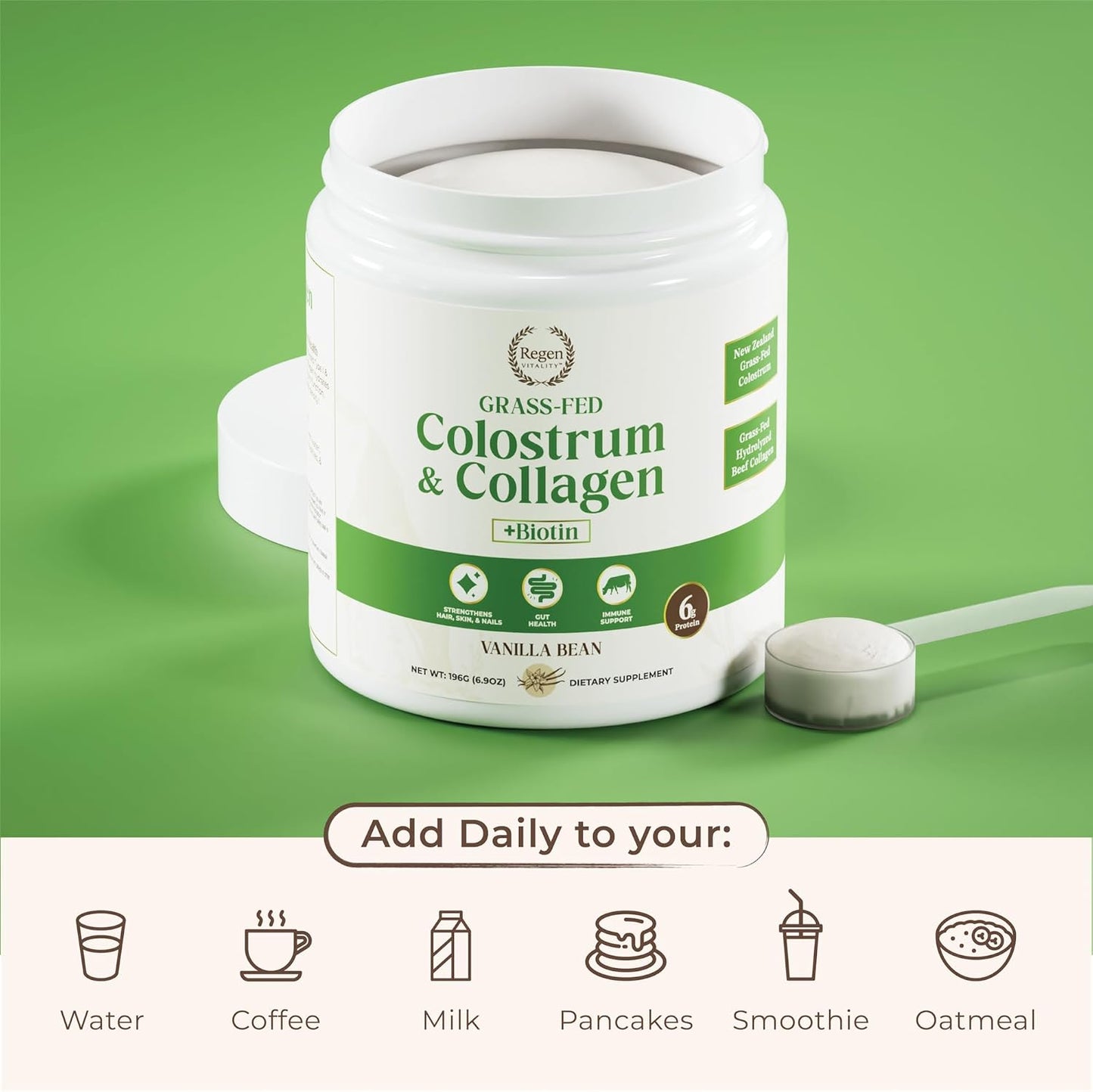 New Zealand Bovine Colostrum & Collagen Powder for Gut, Hair, Skin, Joints - Vanilla Bean (28 Servings)