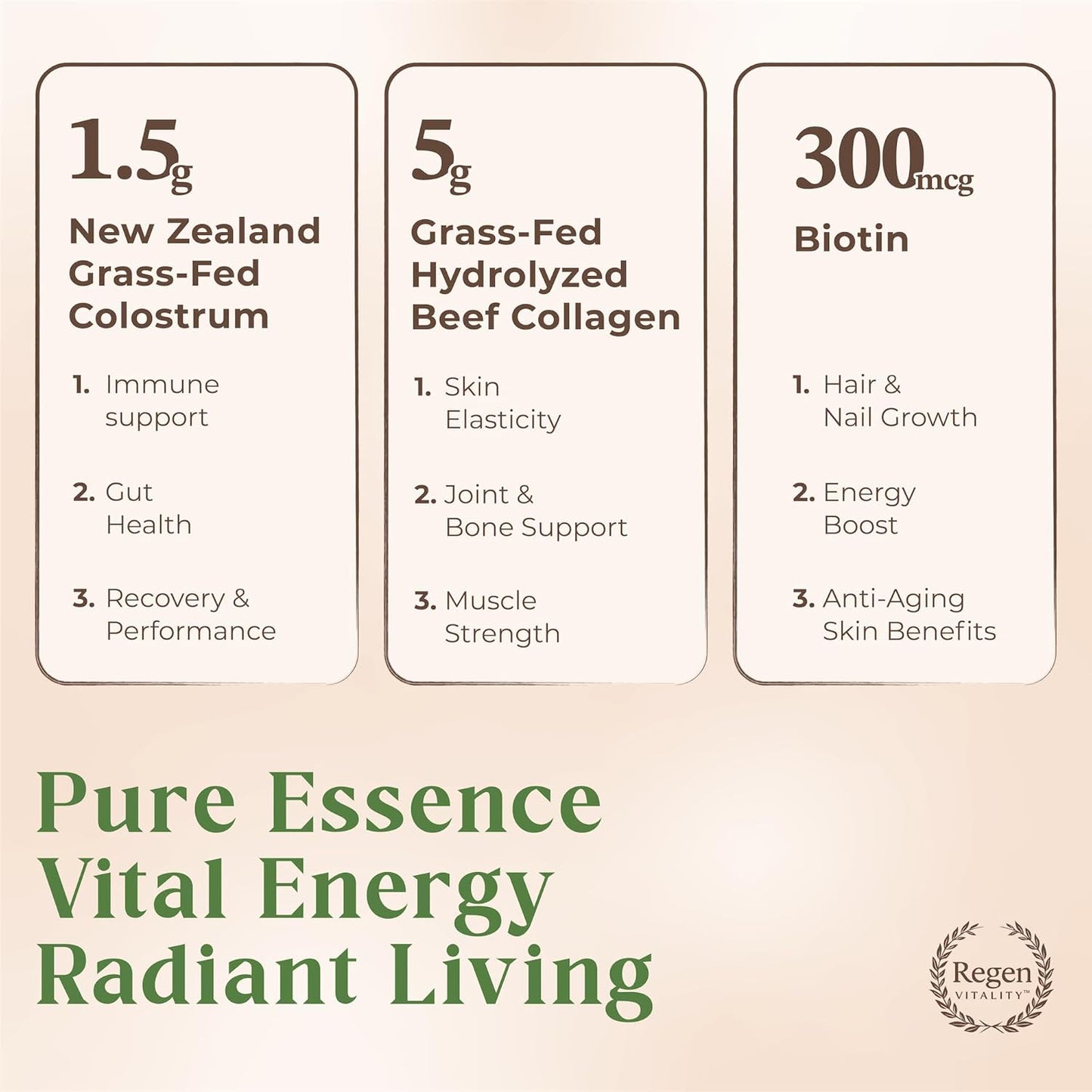 New Zealand Bovine Colostrum & Collagen Powder for Gut, Hair, Skin, Joints - Vanilla Bean (28 Servings)