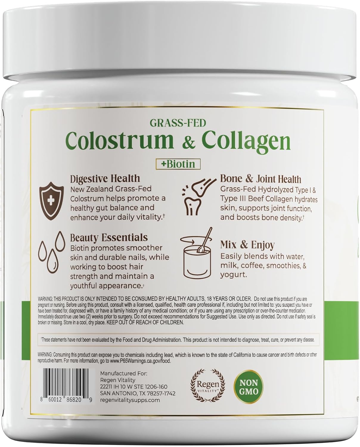 New Zealand Bovine Colostrum & Collagen Powder for Gut, Hair, Skin, Joints - Vanilla Bean (28 Servings)