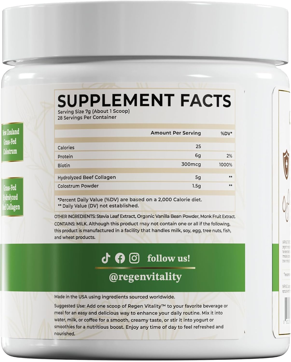 New Zealand Bovine Colostrum & Collagen Powder for Gut, Hair, Skin, Joints - Vanilla Bean (28 Servings)
