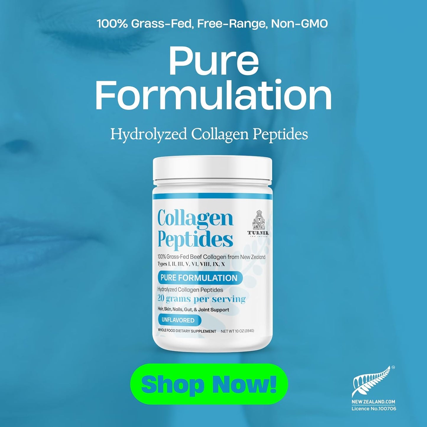 New Zealand Grass-Fed Beef Bone Collagen Peptides Powder - Pure Formula, Unflavored (10 oz)