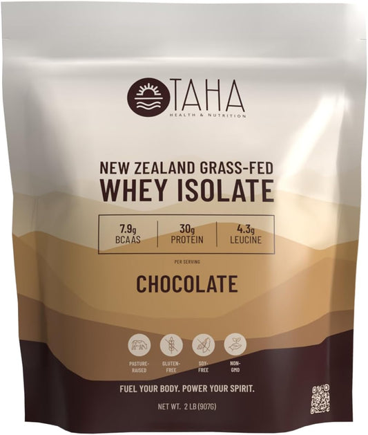 New Zealand Grass-Fed Chocolate Whey Protein Isolate Powder with 30g Protein, 7.9g BCAAs, and 4.3g Leucine | Gluten-Free, Keto, Kosher | 2LB, ~24 Servings