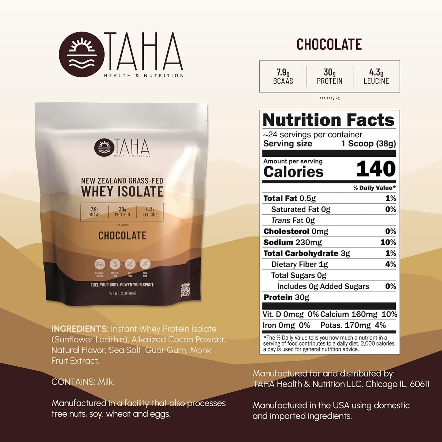 New Zealand Grass-Fed Chocolate Whey Protein Isolate Powder with 30g Protein, 7.9g BCAAs, and 4.3g Leucine | Gluten-Free, Keto, Kosher | 2LB, ~24 Servings