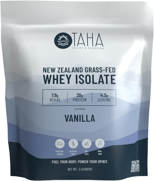 New Zealand Grass-Fed Vanilla Whey Protein Isolate Powder - 30g Protein, 7.9g BCAAs, 4.3g Leucine - Gluten-Free, Keto, Kosher - 2LB, 25 Servings