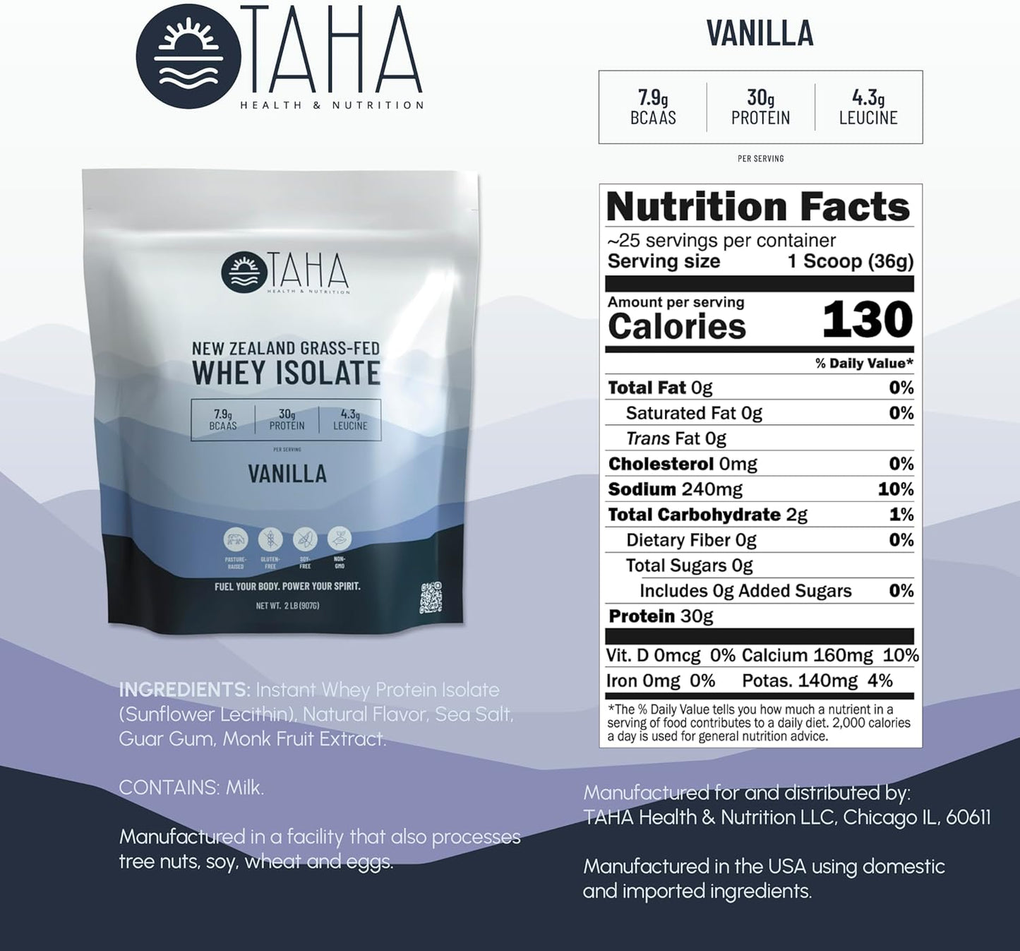 New Zealand Grass-Fed Vanilla Whey Protein Isolate Powder - 30g Protein, 7.9g BCAAs, 4.3g Leucine - Gluten-Free, Keto, Kosher - 2LB, 25 Servings