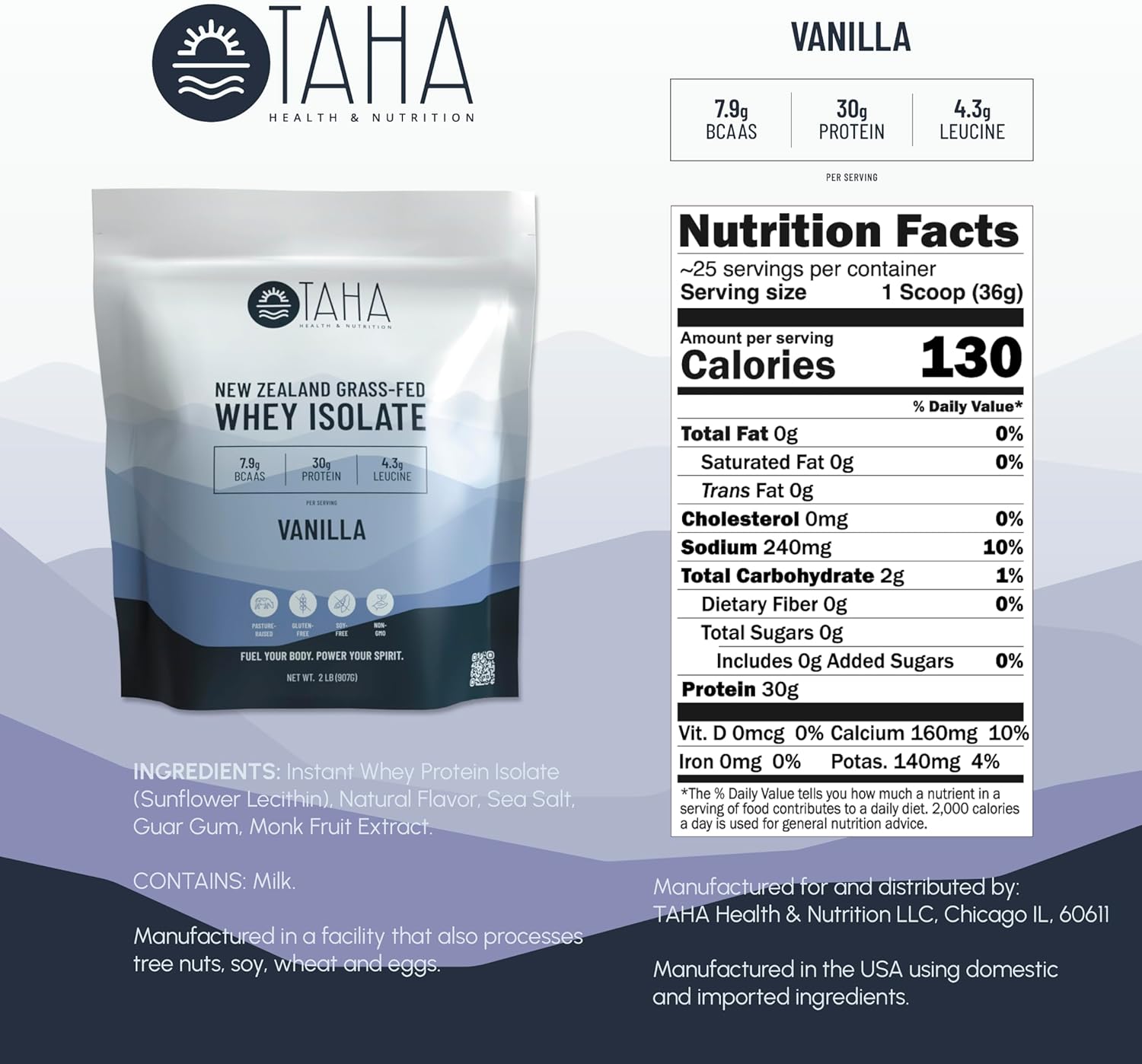 New Zealand Grass-Fed Vanilla Whey Protein Isolate Powder - 30g Protein, 7.9g BCAAs, 4.3g Leucine - Gluten-Free, Keto, Kosher - 2LB, 25 Servings