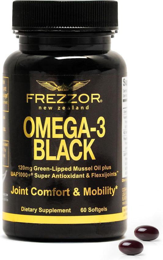 New Zealand Made FREZZOR Omega 3 Black Softgels with UAF1000+ for Joint, Heart, and Immune Support - 60 Softgels, 450mg