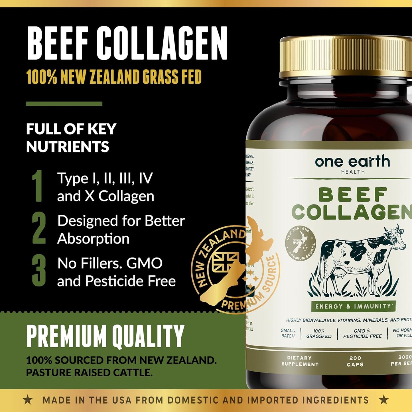 New Zealand Sourced Grass Fed Beef Collagen Supplement - 200 Count, 3,000mg per Serving
