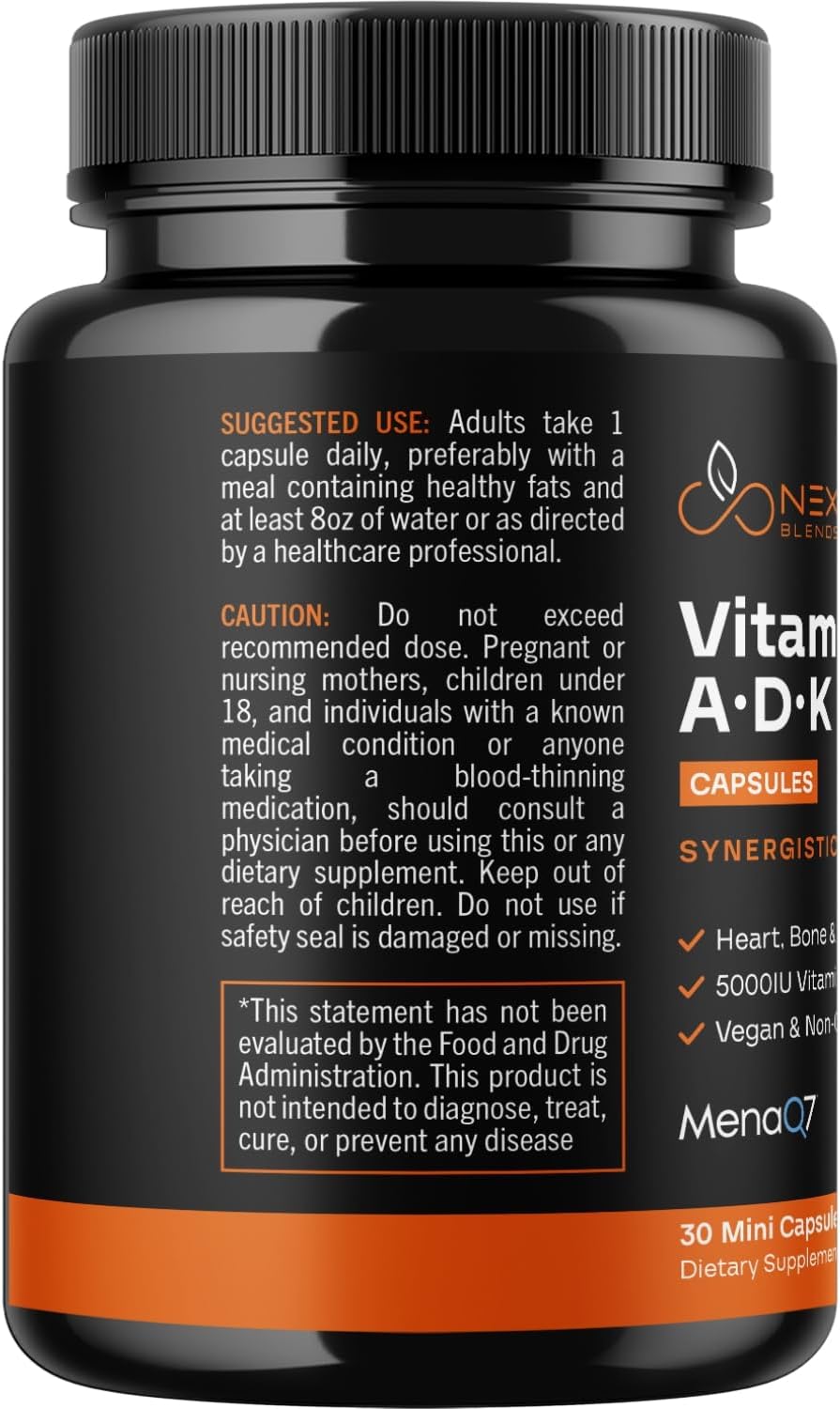 NEXGEN BLENDS High Absorption Vitamin ADK Supplement - Vegan D3 K2 MK7 & A for Bone Health - 5000IU D3 Non GMO & Gluten Free - 1 Month Supply