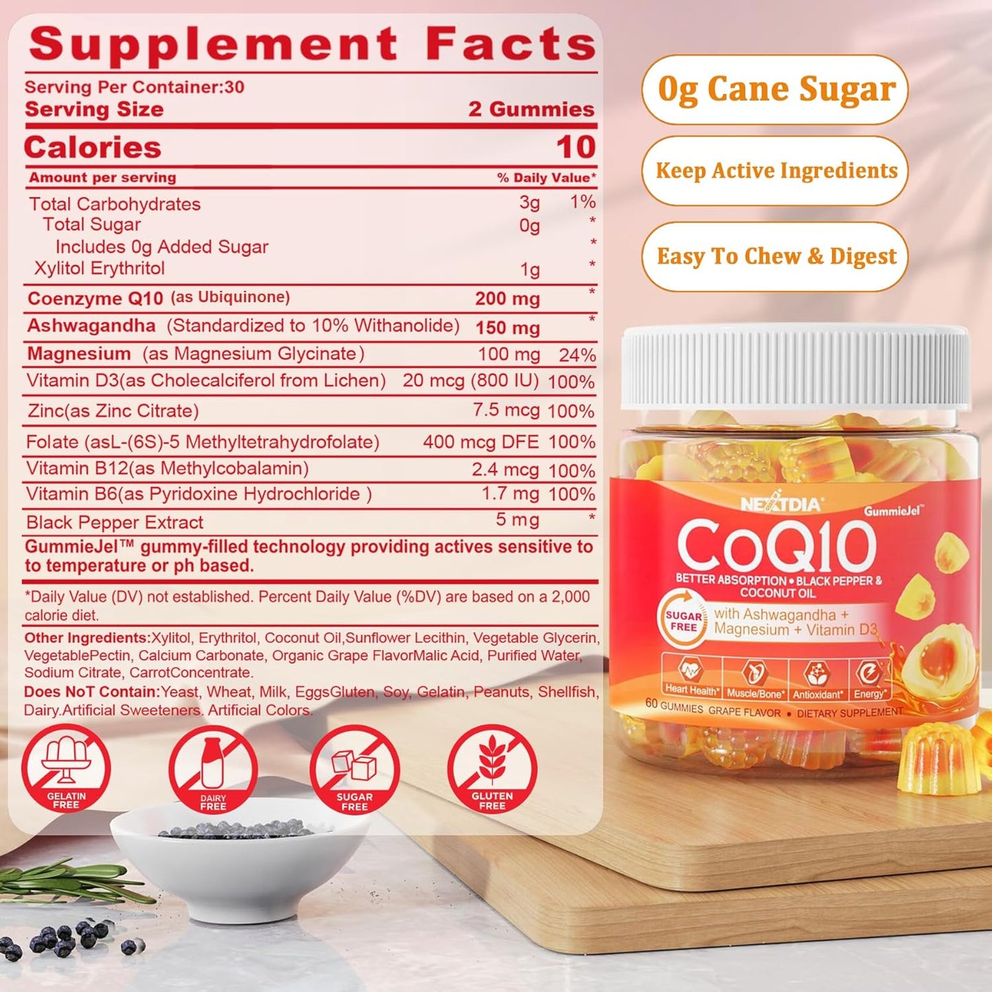 Nextdia CoQ10 Gummies with Ashwagandha, Magnesium, B6, D3, B12 & B9 - Sugar Free Adult Vitamins for Heart, Muscle, Bone, Energy - 1 Pack - BoostGo Australia