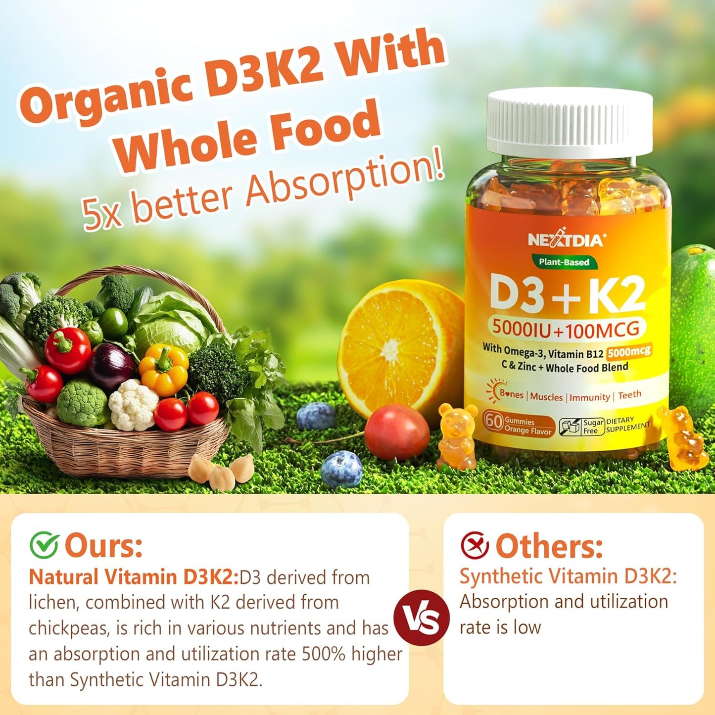 Nextdia Digestive Health Prebiotic & Probiotic Mushroom Fiber Gummies with Organic Plant D3K2 for Adults - High Absorption Formula