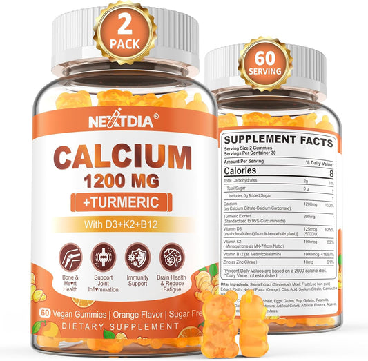 Nextdia Turmeric Calcium Gummies with Vitamin D3, K2, B12, and Zinc - Sugar-Free Vegan Supplement for Bone, Muscle, and Immune Health (120 Count)