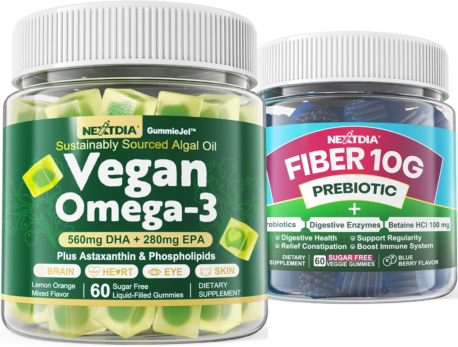 Nextdia Vegan Omega 3 Gummies + Sugar Free Fiber Gummies Combo Pack