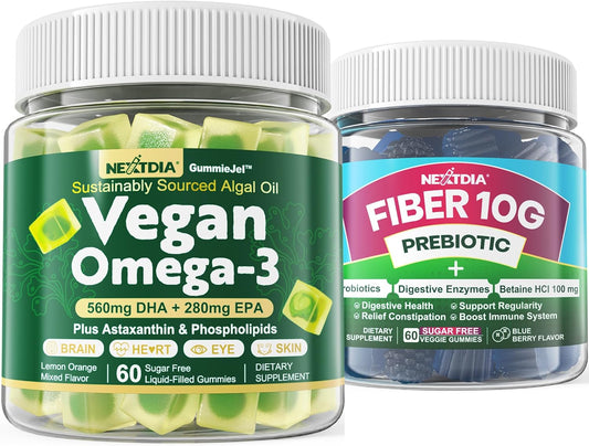 Nextdia Vegan Omega 3 Gummies + Sugar Free Fiber Gummies Combo Pack