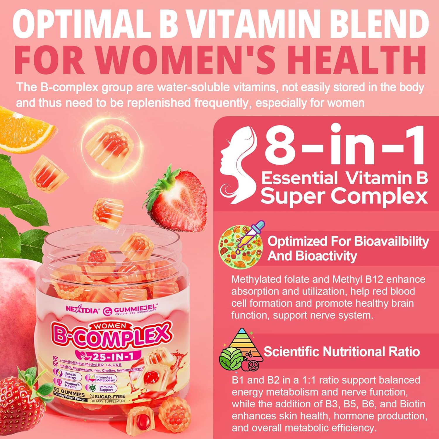 Nextdia Women's Sugar-Free Vitamin B Complex Gummies with Methyl B12, Iron, Vitamin C, and Organic Fruit Blend - 60 Count