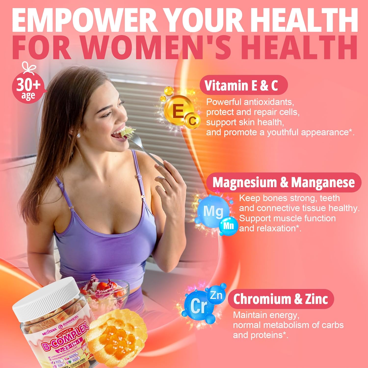 Nextdia Women's Sugar-Free Vitamin B Complex Gummies with Methyl B12, Iron, Vitamin C, and Organic Fruit Blend - 60 Count