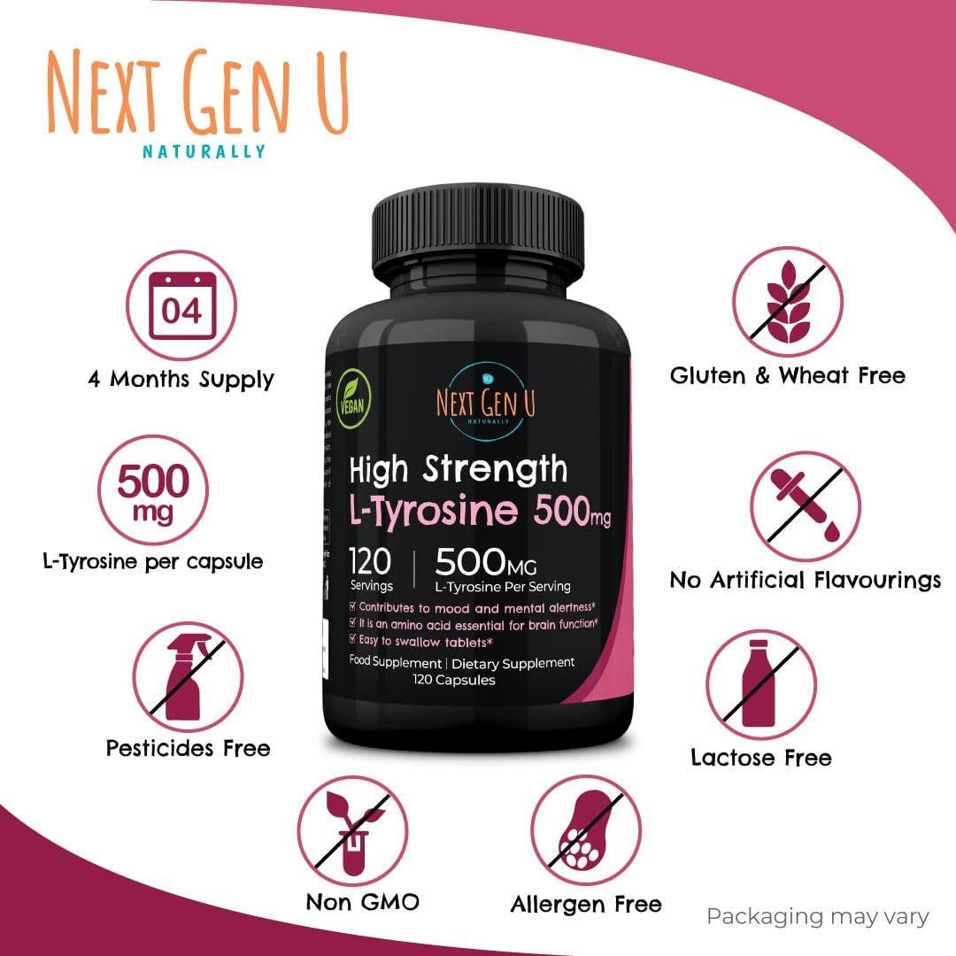 NGU Next Gen U L-Tyrosine 500mg - 120 Vegan Capsules - Mood Support Dietary Supplement for Healthy Brain Function in Adults