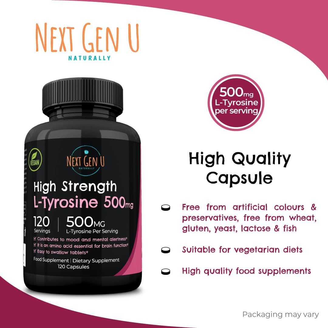 NGU Next Gen U L-Tyrosine 500mg - 120 Vegan Capsules - Mood Support Dietary Supplement for Healthy Brain Function in Adults