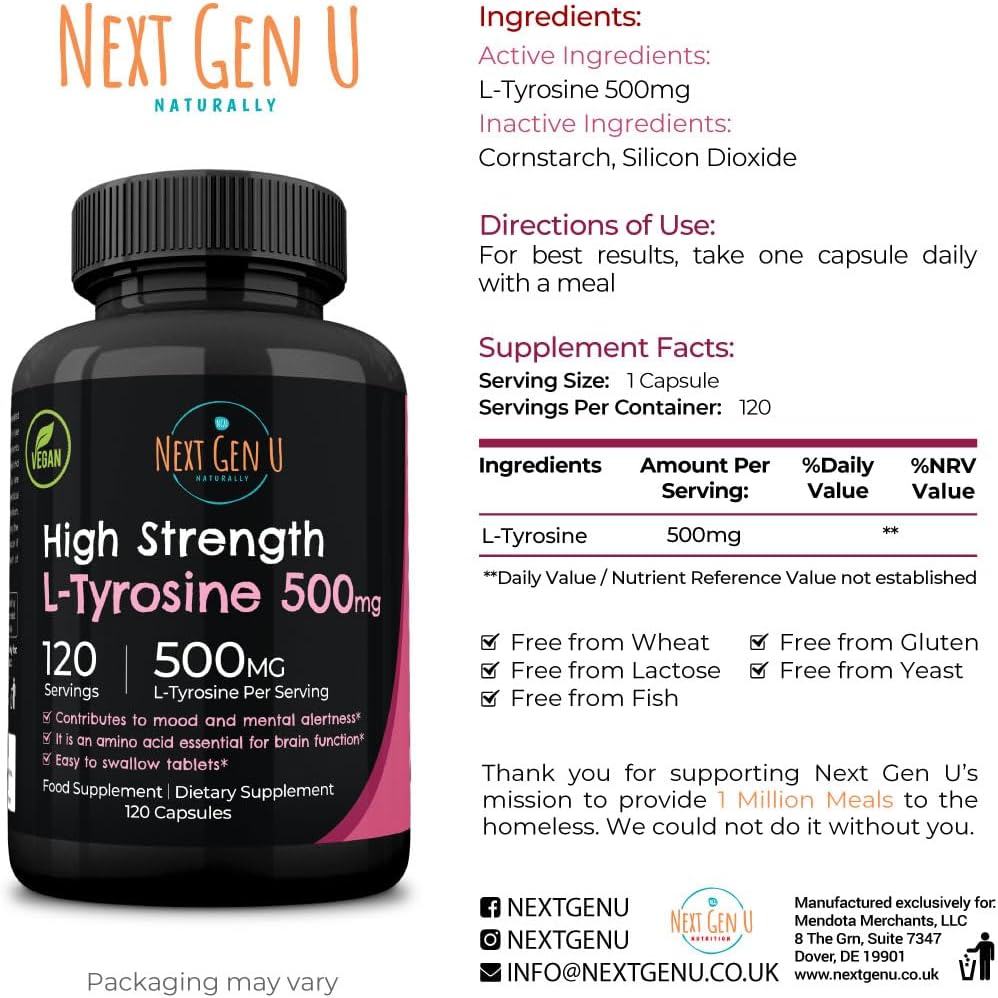 NGU Next Gen U L-Tyrosine 500mg - 120 Vegan Capsules - Mood Support Dietary Supplement for Healthy Brain Function in Adults