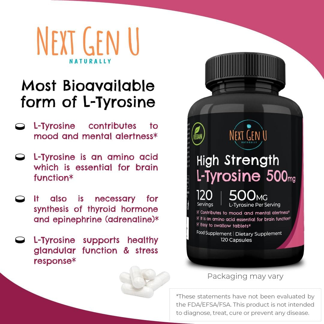 NGU Next Gen U L-Tyrosine 500mg - 120 Vegan Capsules - Mood Support Dietary Supplement for Healthy Brain Function in Adults