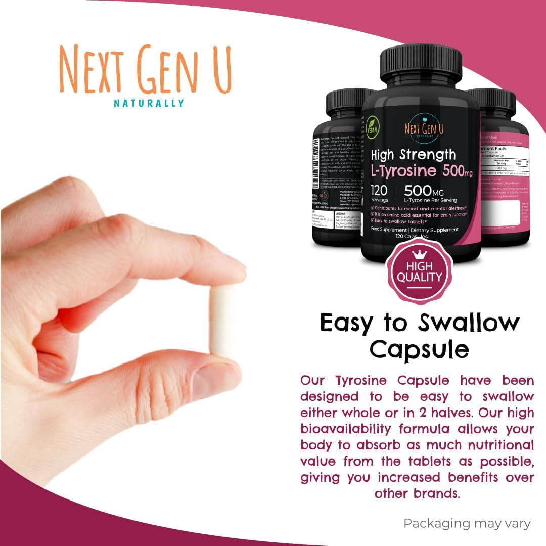 NGU Next Gen U L-Tyrosine 500mg - 120 Vegan Capsules - Mood Support Dietary Supplement for Healthy Brain Function in Adults
