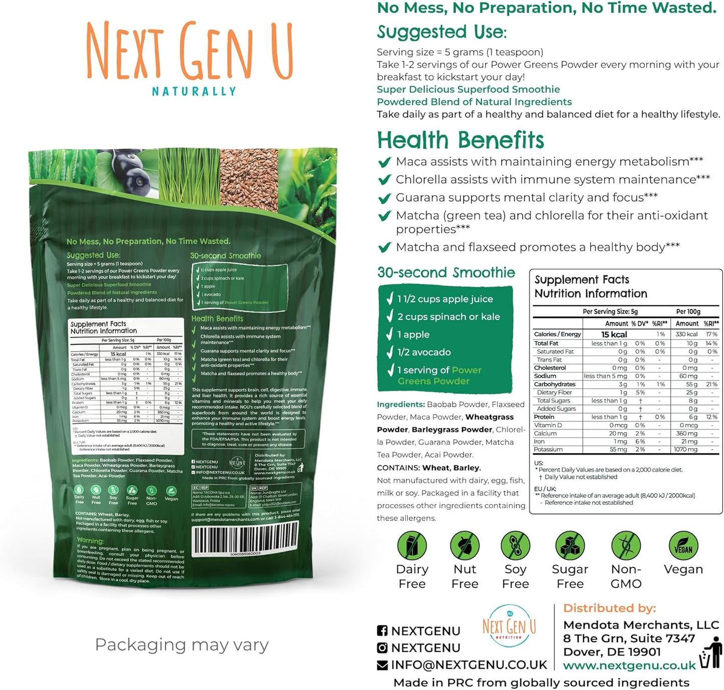 NGU Next Gen U Super Greens Powder 150g Immune Support Supplement Superfood Greens Smoothie Mix for Shakes Detox Healthy Boost Juice Beverages