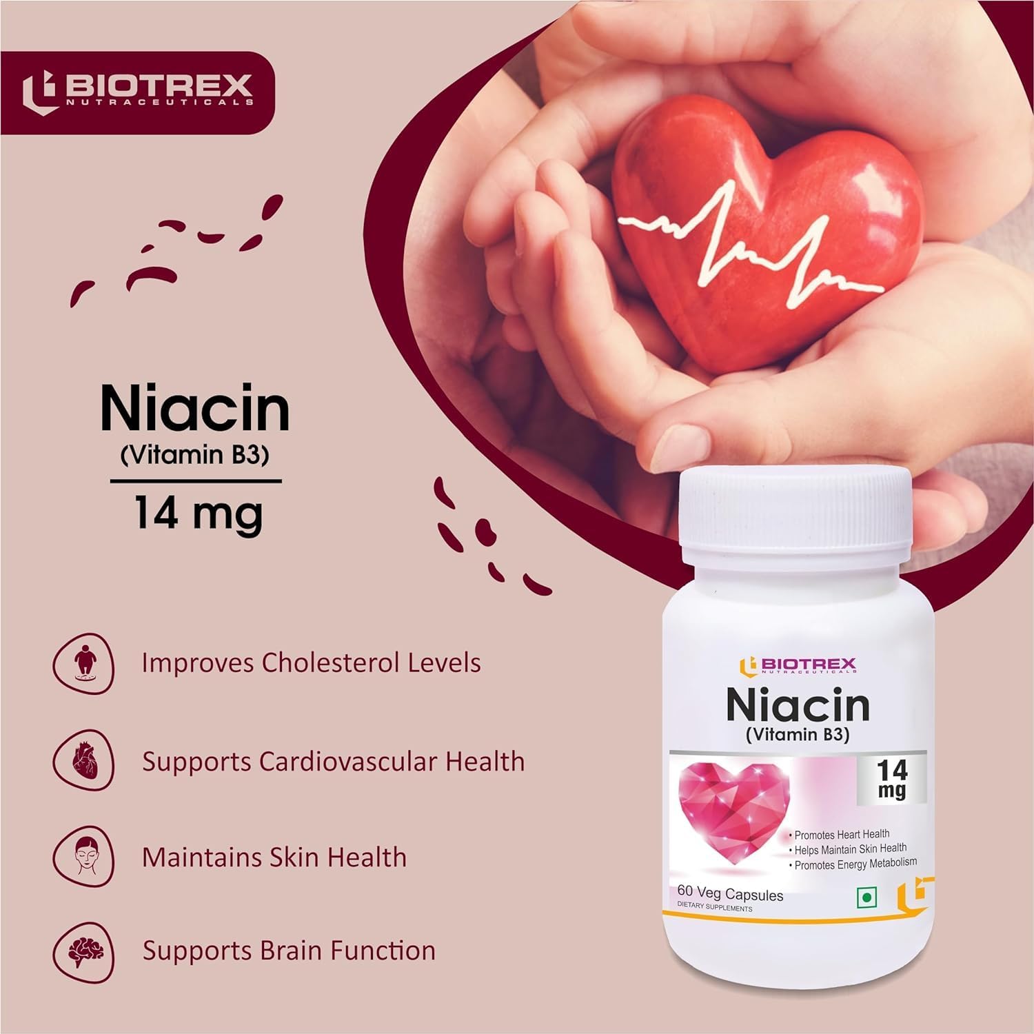 Niacin 14mg Vitamin B3 with Inositol 50mg Supplement - 60 Veg Capsules for Overall Health and Wellness