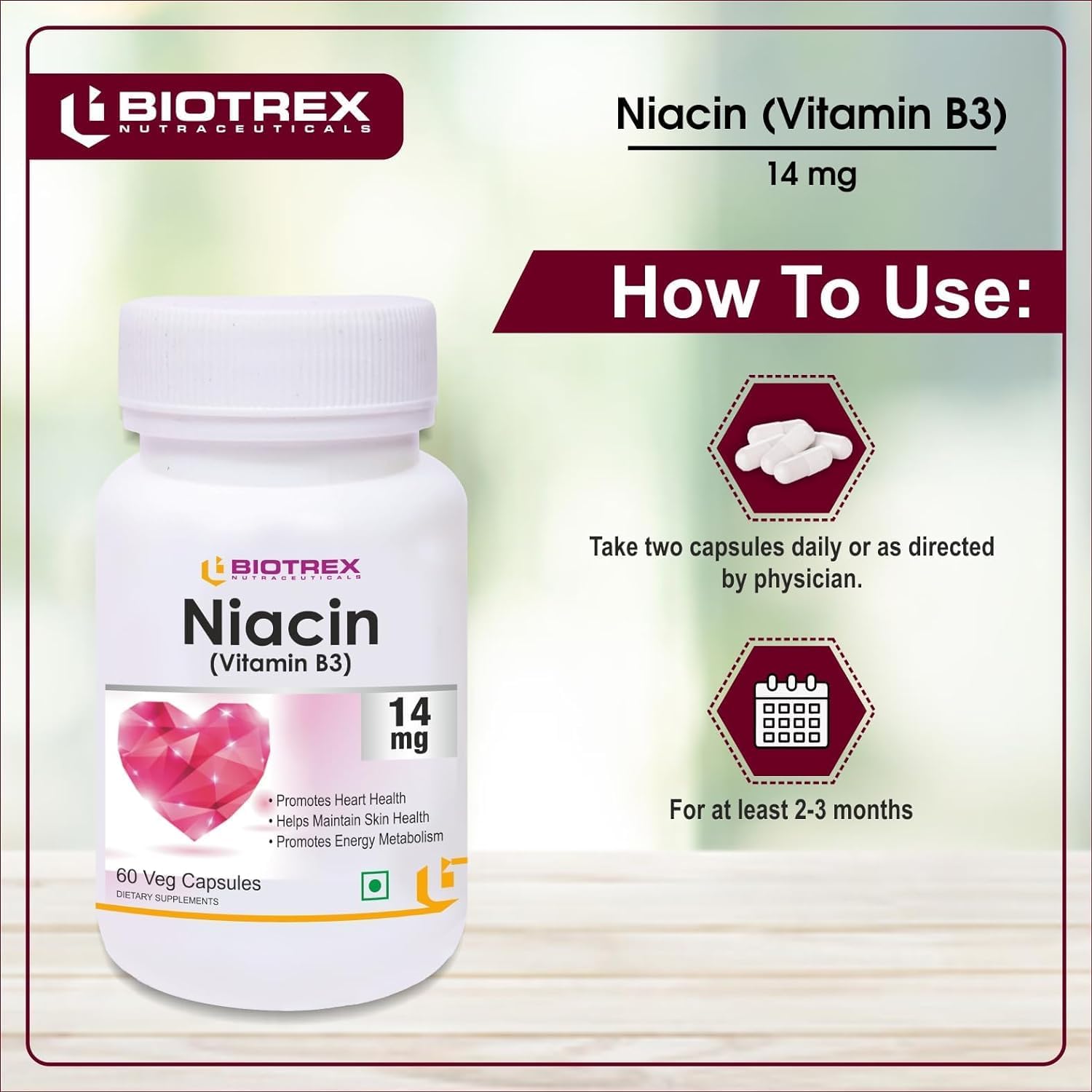Niacin 14mg Vitamin B3 with Inositol 50mg Supplement - 60 Veg Capsules for Overall Health and Wellness