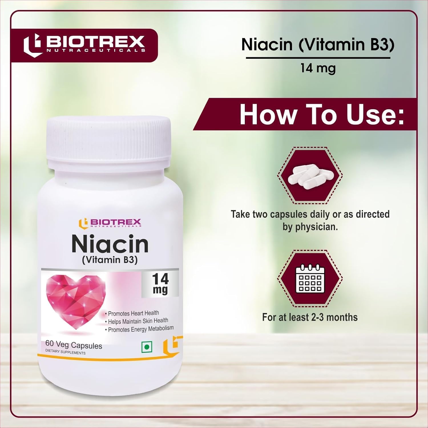 Niacin 14mg Vitamin B3 with Inositol 50mg Supplement - 60 Veg Capsules for Daily Health Support