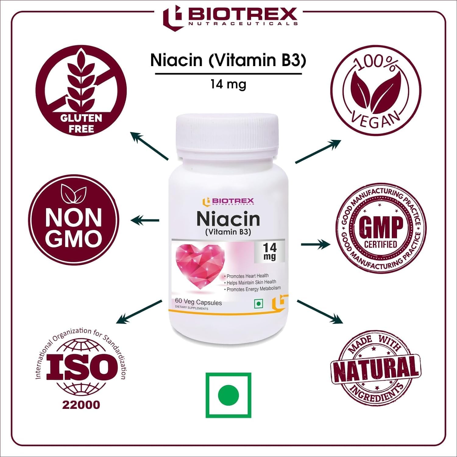 Niacin 14mg Vitamin B3 with Inositol 50mg Supplement - 60 Veg Capsules for Overall Health and Wellness