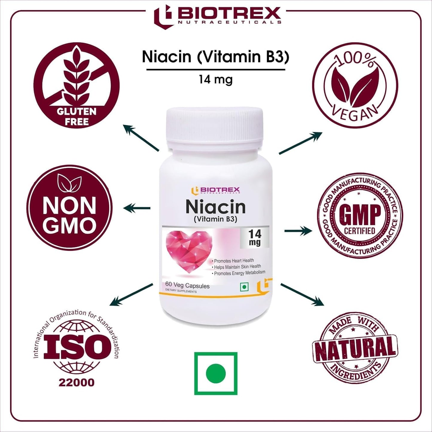 Niacin 14mg Vitamin B3 with Inositol 50mg Supplement - 60 Veg Capsules for Daily Health Support