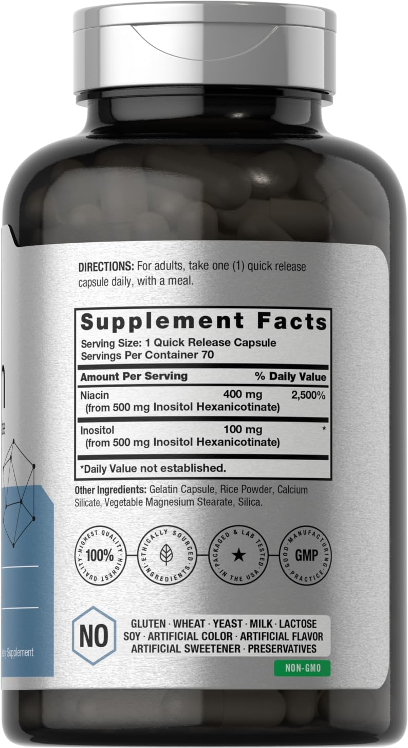 Niacin 500mg Capsules | 70 Count | Flush Free Supplement | Inositol Hexanicotinate | Non-GMO & Gluten Free