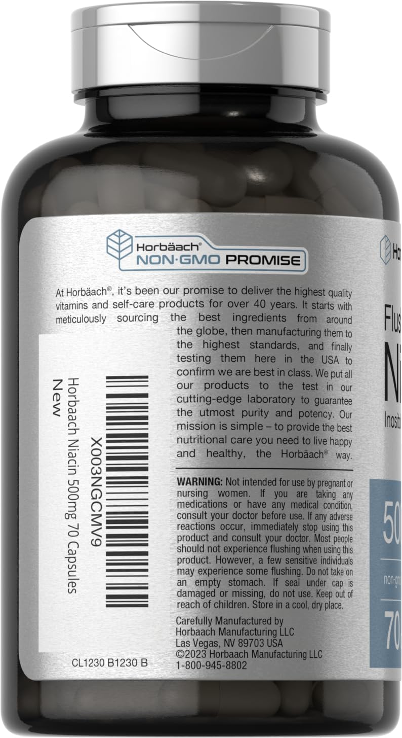 Niacin 500mg Capsules | 70 Count | Flush Free Supplement | Inositol Hexanicotinate | Non-GMO & Gluten Free