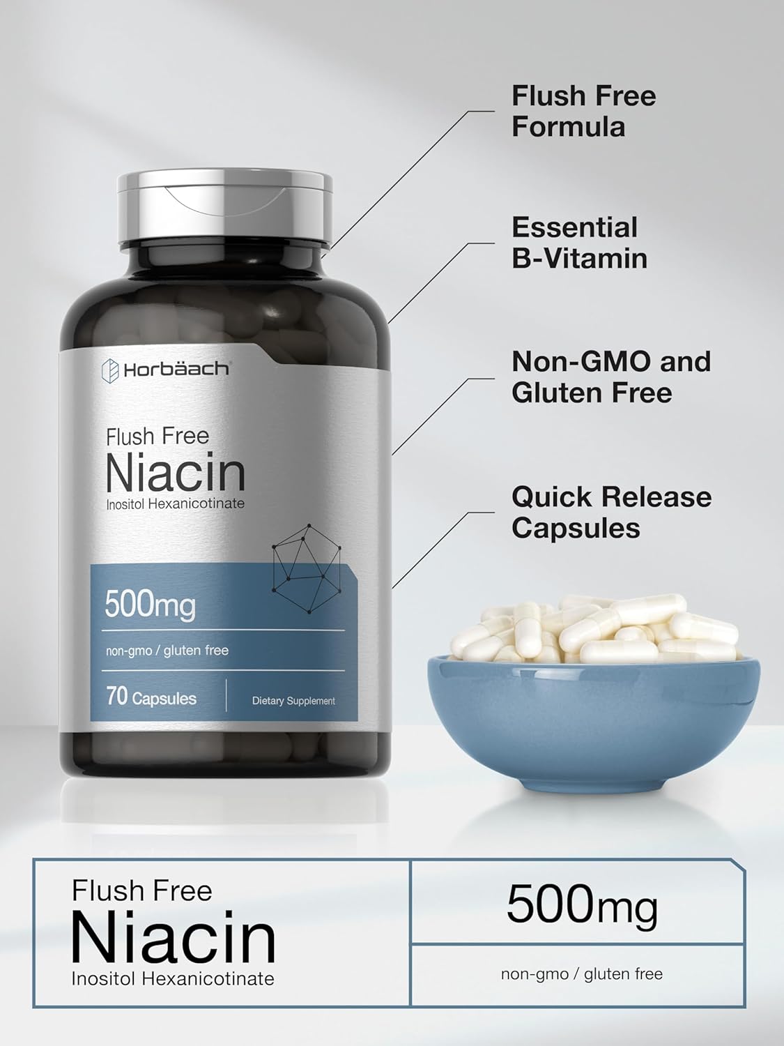 Niacin 500mg Capsules | 70 Count | Flush Free Supplement | Inositol Hexanicotinate | Non-GMO & Gluten Free