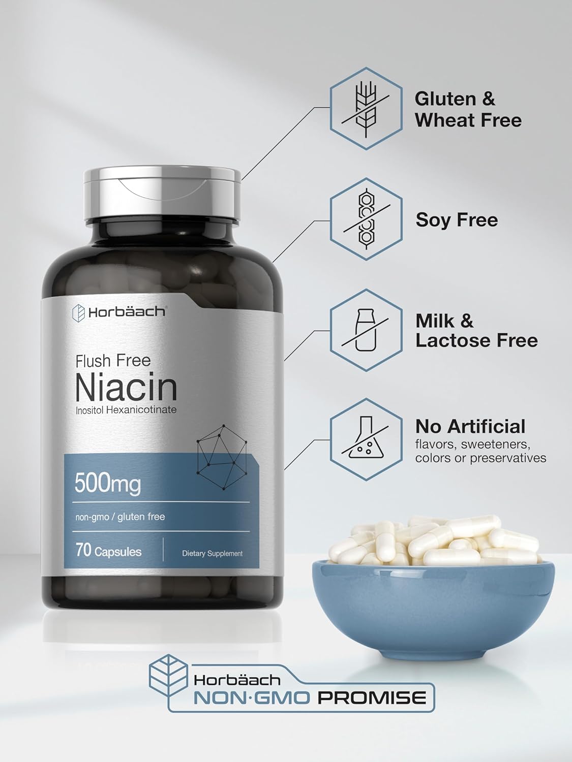 Niacin 500mg Capsules | 70 Count | Flush Free Supplement | Inositol Hexanicotinate | Non-GMO & Gluten Free
