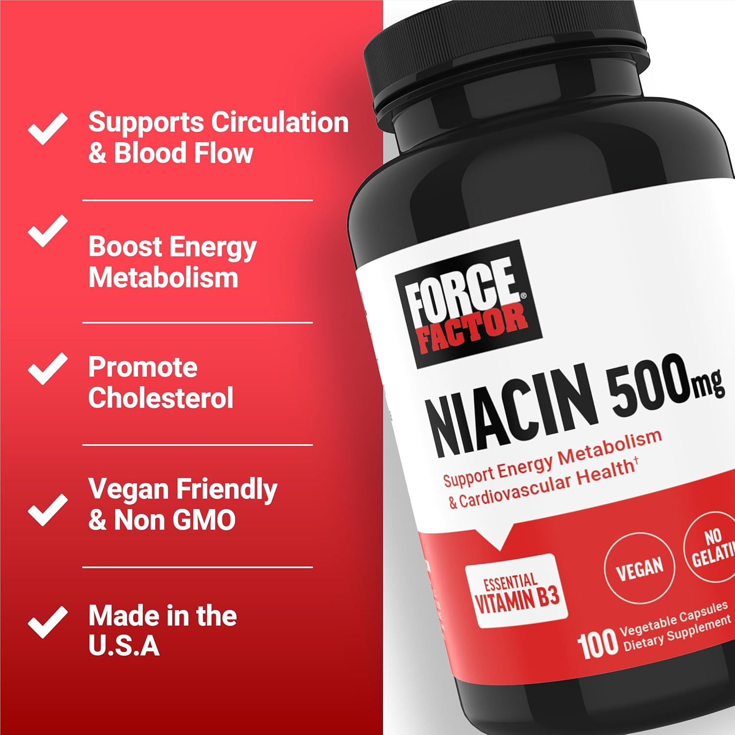 Niacin 500mg Heart-Health Supplement for Cellular Energy & Cardiovascular Health, Vegan Capsules