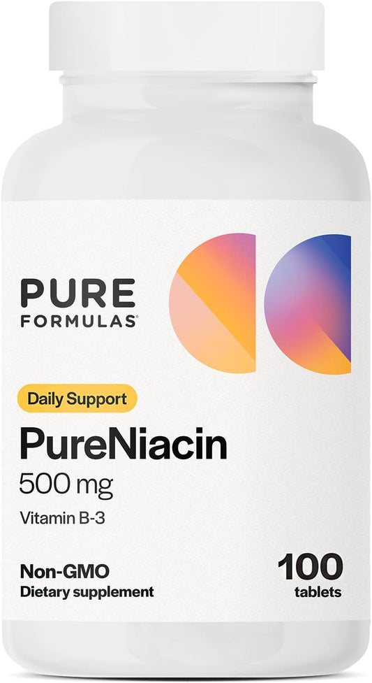 Niacin 500mg Immediate Release Nicotinic Acid Supplement - 100 Tablets - Non-GMO Vitamin B3 by PureFormulas