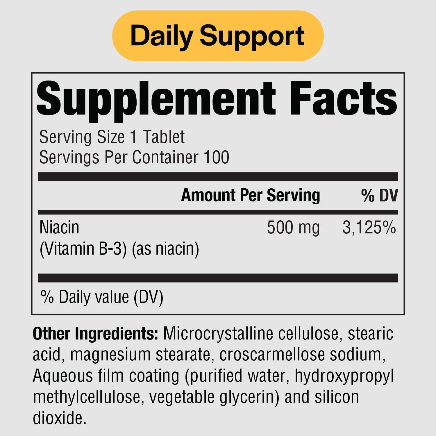 Niacin 500mg Immediate Release Nicotinic Acid Supplement - 100 Tablets - Non-GMO Vitamin B3 by PureFormulas